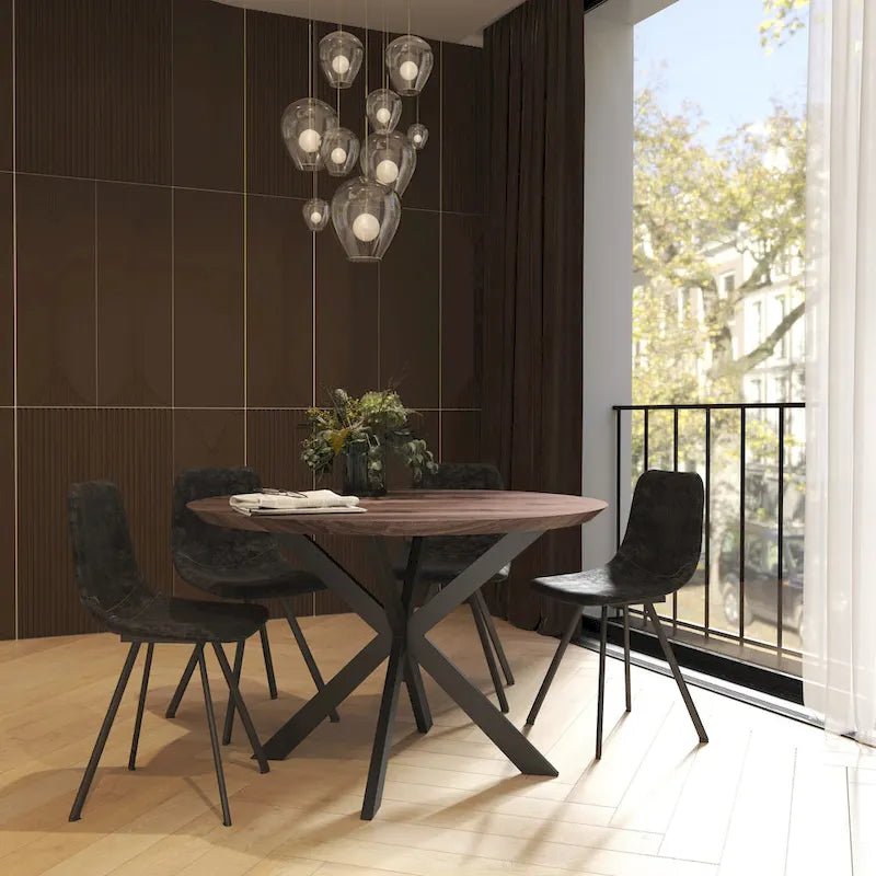 Table à manger ronde moderne Ravenna 47 en bois avec piètement géométrique en métal croisé pour la salle à manger et la cuisine
