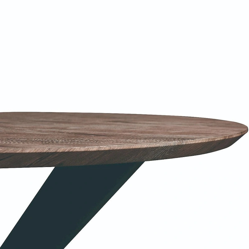 Table à manger ronde moderne Ravenna 47 en bois avec piètement géométrique en métal croisé pour la salle à manger et la cuisine