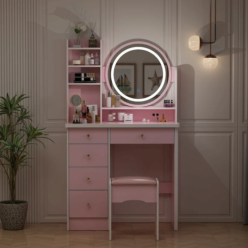 Coiffeuse 80 cm de large avec tabouret, miroir et 3 couleurs de lumière - 80 cm de large
