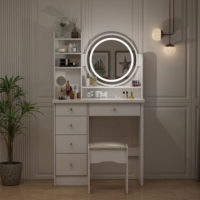 Coiffeuse 80 cm de large avec tabouret, miroir et 3 couleurs de lumière - 80 cm de large