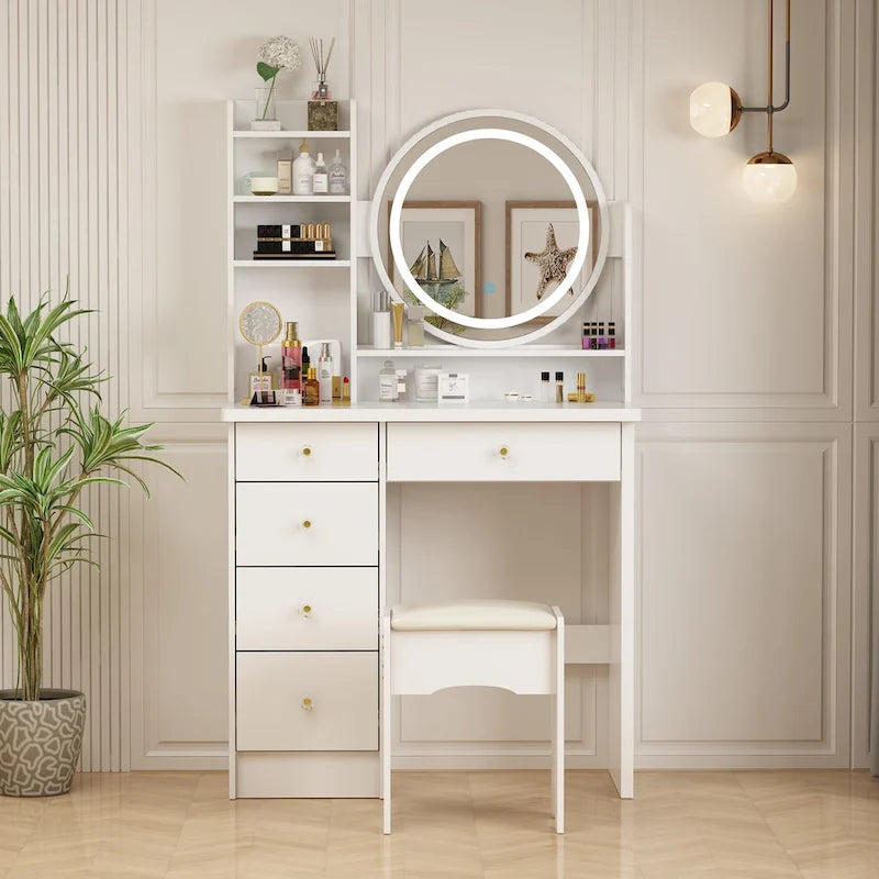 Coiffeuse 80 cm de large avec tabouret, miroir et 3 couleurs de lumière - 80 cm de large