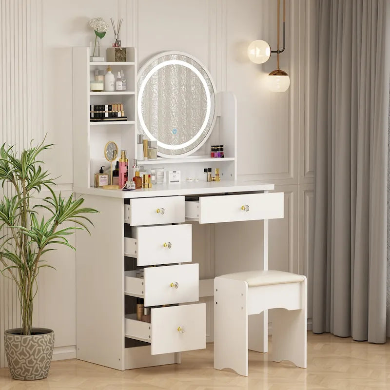 Coiffeuse 80 cm de large avec tabouret, miroir et 3 couleurs de lumière - 80 cm de large