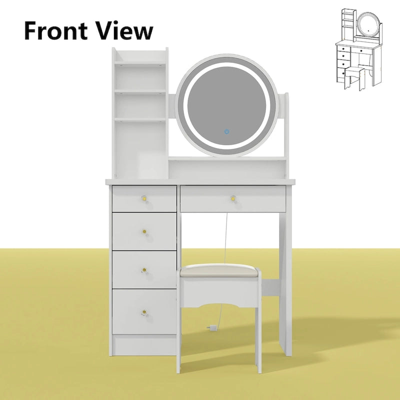 Coiffeuse 80 cm de large avec tabouret, miroir et 3 couleurs de lumière - 80 cm de large