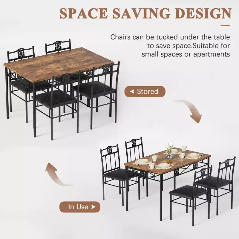 Ensembles table et chaises de salle à manger/cuisine en bois VECELO avec coussins en PU pour petit espace, marron rétro
