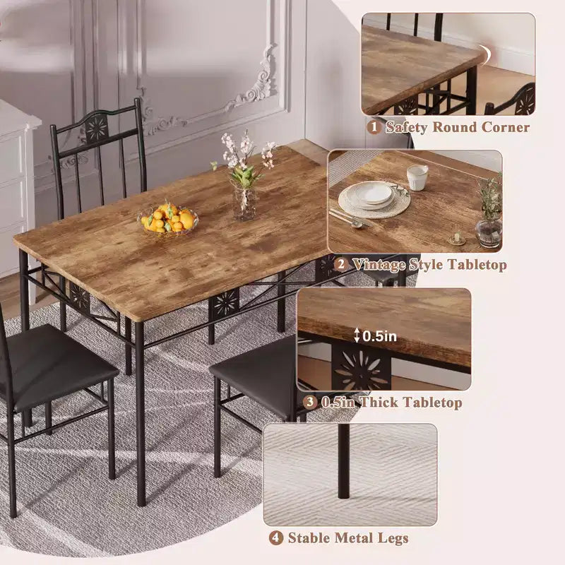 Ensembles table et chaises de salle à manger/cuisine en bois VECELO avec coussins en PU pour petit espace, marron rétro