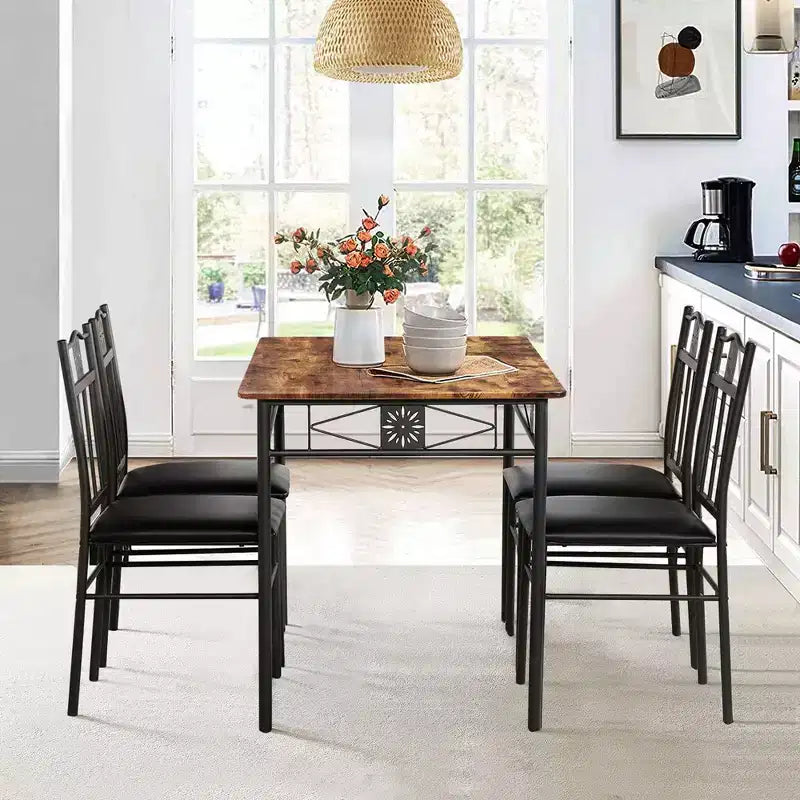 Ensembles table et chaises de salle à manger/cuisine en bois VECELO avec coussins en PU pour petit espace, marron rétro