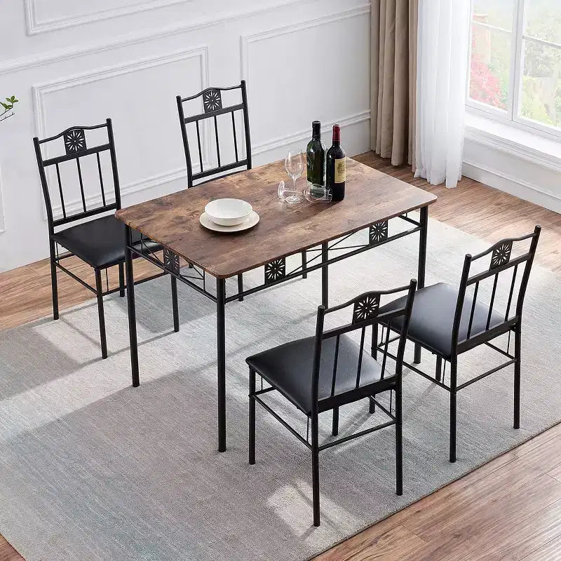 Ensembles table et chaises de salle à manger/cuisine en bois VECELO avec coussins en PU pour petit espace, marron rétro