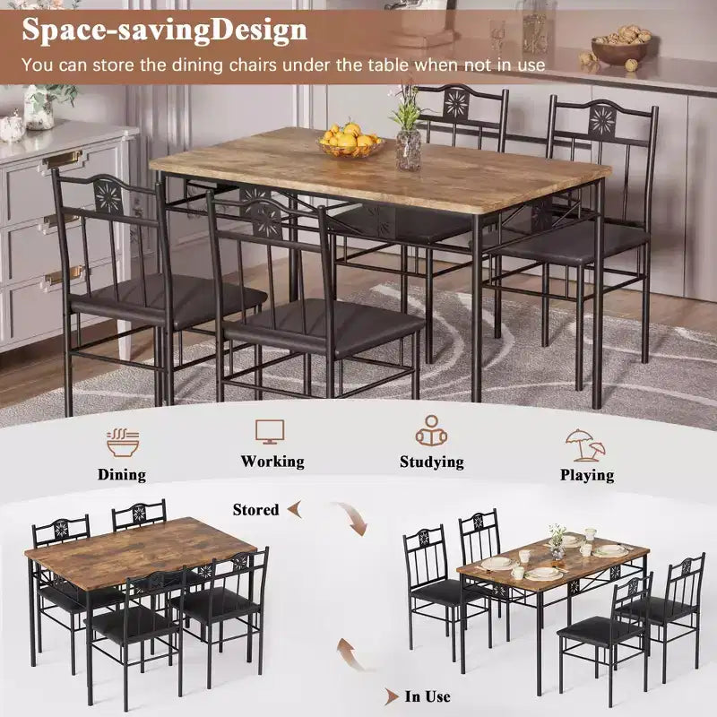 Ensembles table et chaises de salle à manger/cuisine en bois VECELO avec coussins en PU pour petit espace, marron rétro