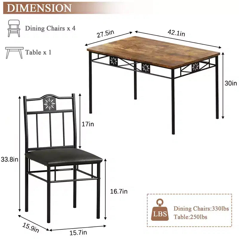Ensembles table et chaises de salle à manger/cuisine en bois VECELO avec coussins en PU pour petit espace, marron rétro