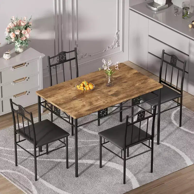 Ensembles table et chaises de salle à manger/cuisine en bois VECELO avec coussins en PU pour petit espace, marron rétro