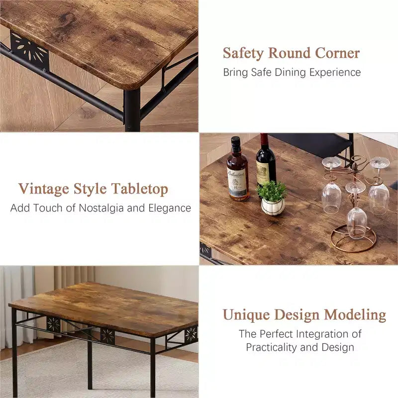Ensembles table et chaises de salle à manger/cuisine en bois VECELO avec coussins en PU pour petit espace, marron rétro