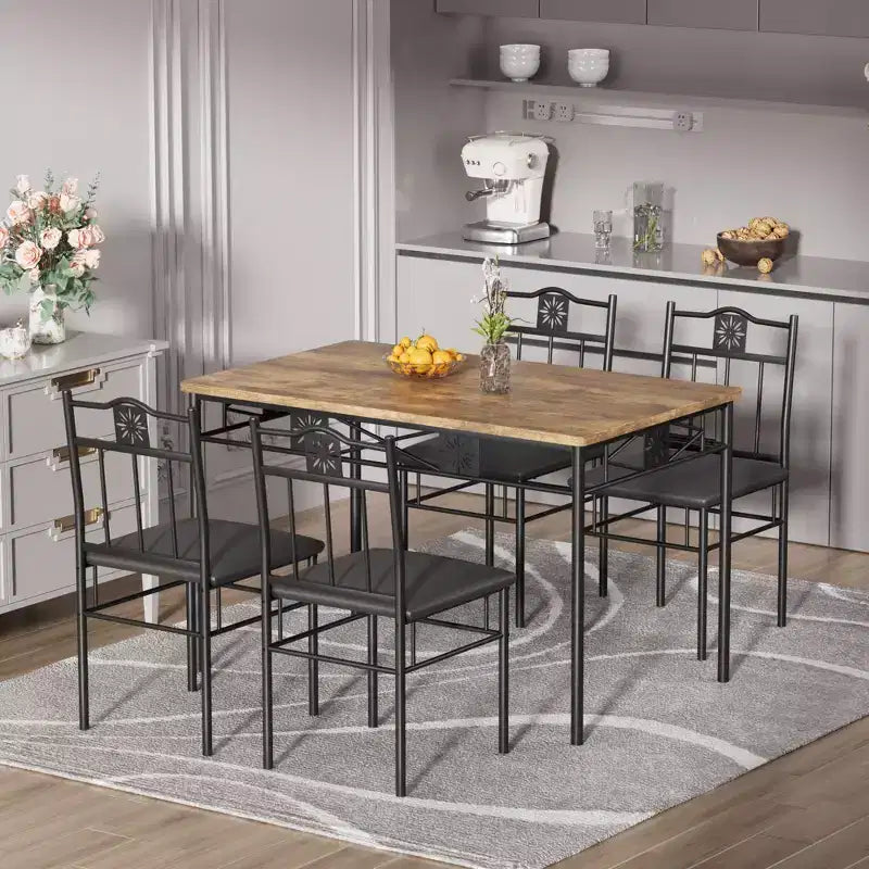 Ensembles table et chaises de salle à manger/cuisine en bois VECELO avec coussins en PU pour petit espace, marron rétro