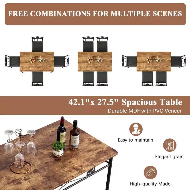 Ensembles table et chaises de salle à manger/cuisine en bois VECELO avec coussins en PU pour petit espace, marron rétro