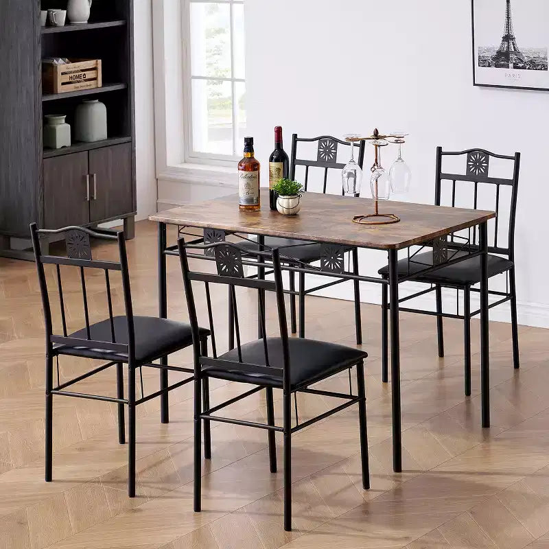 Ensembles table et chaises de salle à manger/cuisine en bois VECELO avec coussins en PU pour petit espace, marron rétro