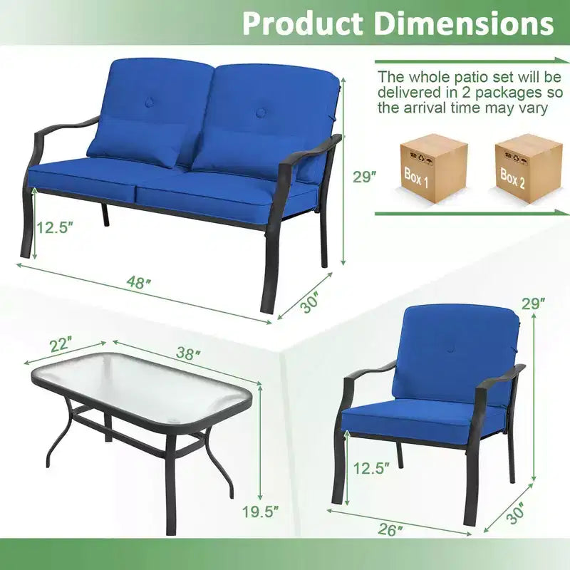 Costway Ensemble de Meubles de Patio 2 Pièces Canapé de Jardin Table Basse Sièges Coussins Bleu Marine/Gris