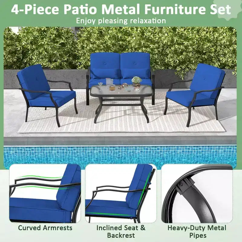 Costway Ensemble de Meubles de Patio 2 Pièces Canapé de Jardin Table Basse Sièges Coussins Bleu Marine/Gris