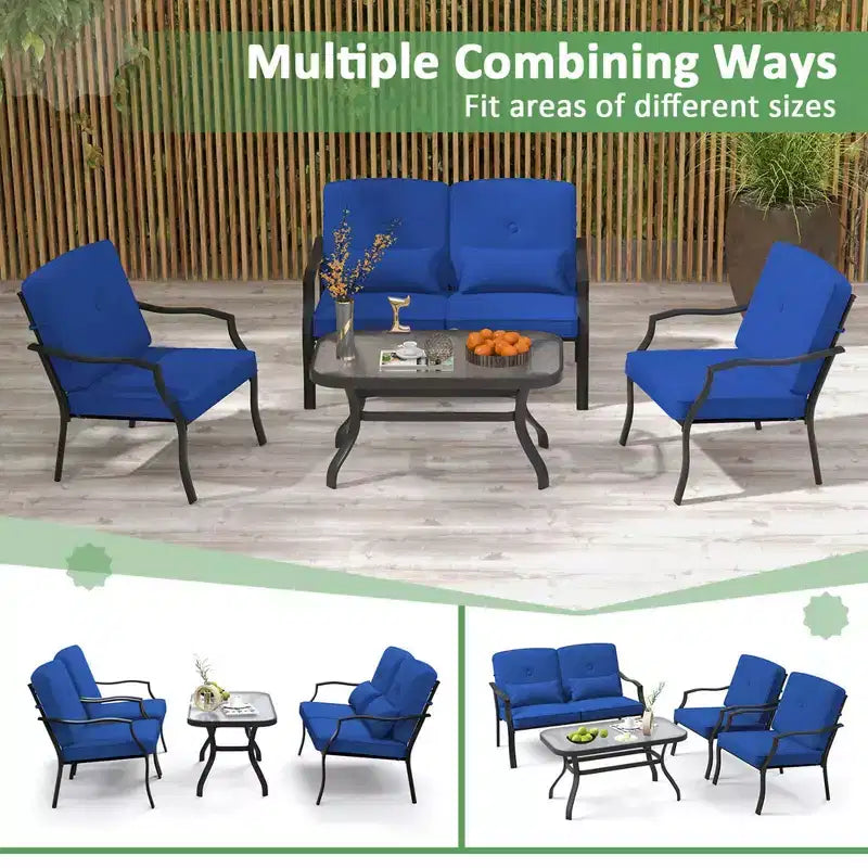 Costway Ensemble de Meubles de Patio 2 Pièces Canapé de Jardin Table Basse Sièges Coussins Bleu Marine/Gris