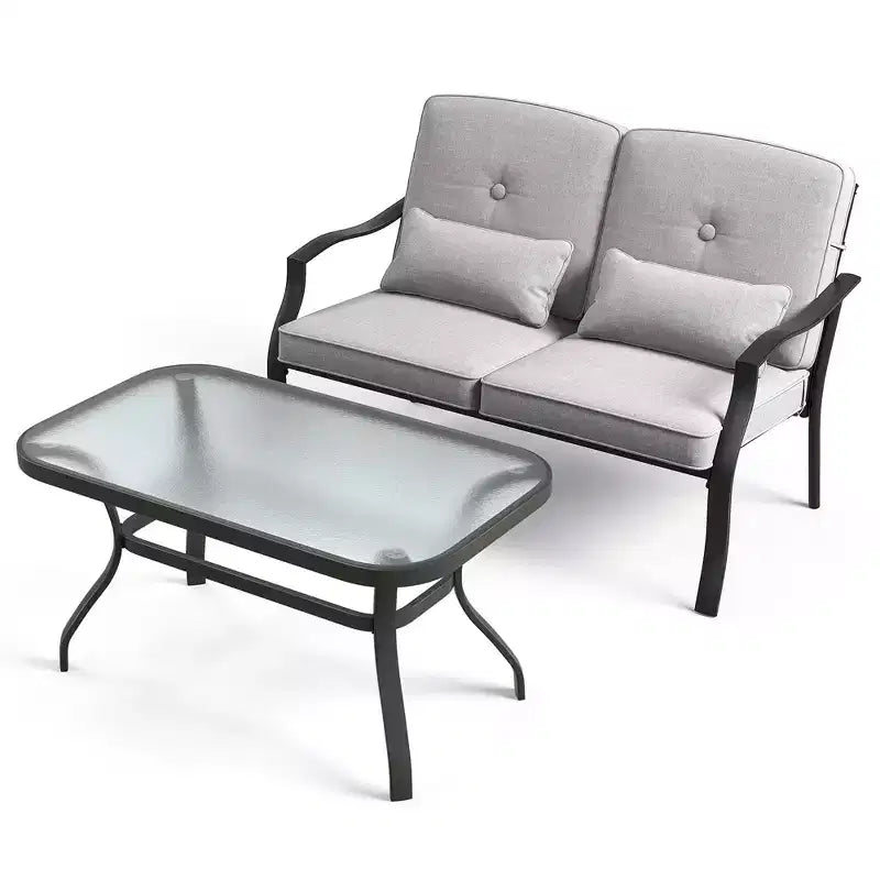 Costway Ensemble de Meubles de Patio 2 Pièces Canapé de Jardin Table Basse Sièges Coussins Bleu Marine/Gris