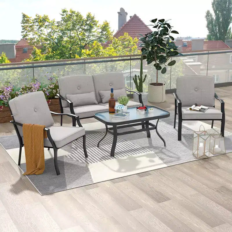 Costway Ensemble de Meubles de Patio 2 Pièces Canapé de Jardin Table Basse Sièges Coussins Bleu Marine/Gris