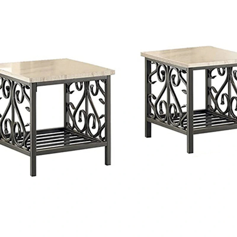 Ensemble de 3 tables à plateau aspect marbre avec cadre en métal décoratif, crème et gris