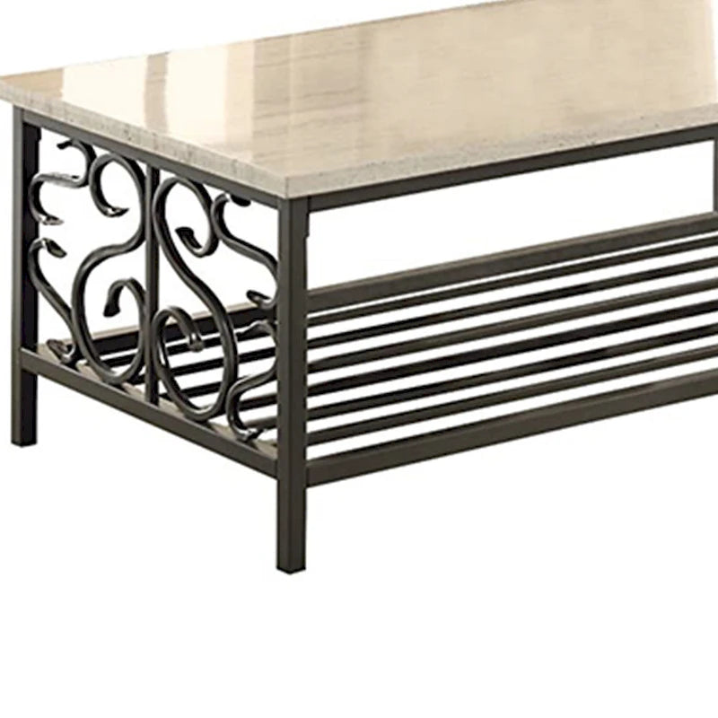 Ensemble de 3 tables à plateau aspect marbre avec cadre en métal décoratif, crème et gris