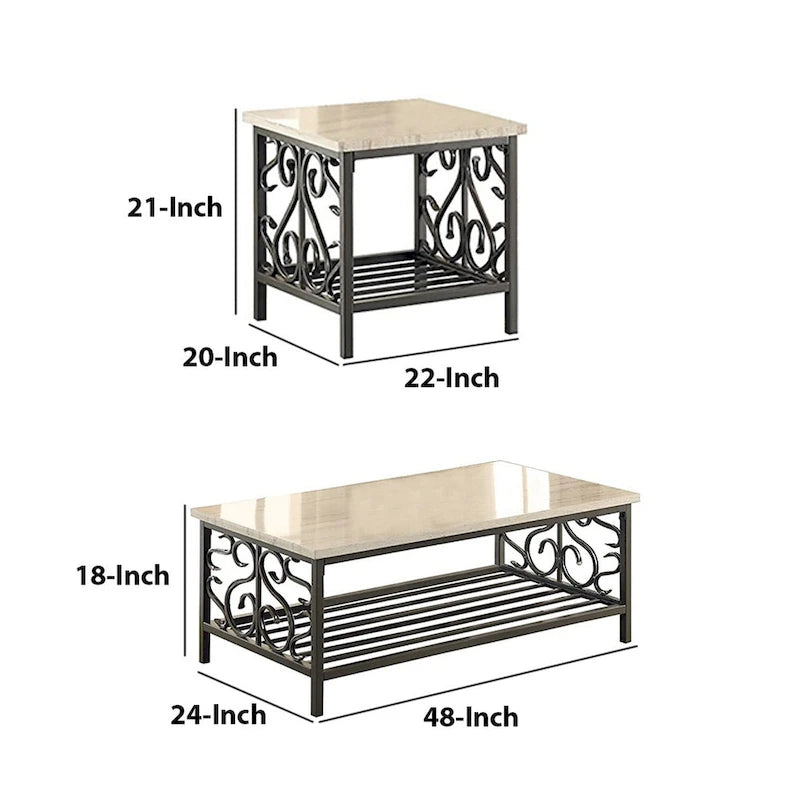 Ensemble de 3 tables à plateau aspect marbre avec cadre en métal décoratif, crème et gris