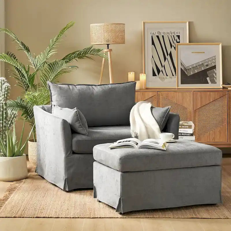 Fauteuil déhoussable surdimensionné Sophie et pouf avec roulettes arrière verrouillables par HULALA HOME