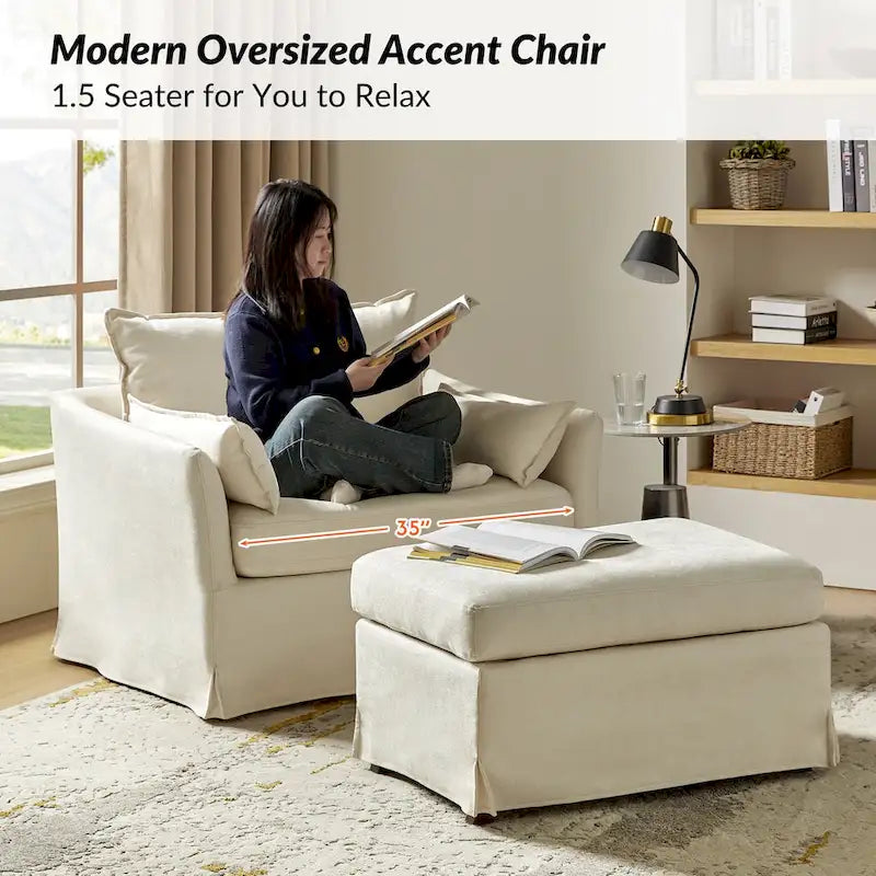Fauteuil déhoussable surdimensionné Sophie et pouf avec roulettes arrière verrouillables par HULALA HOME