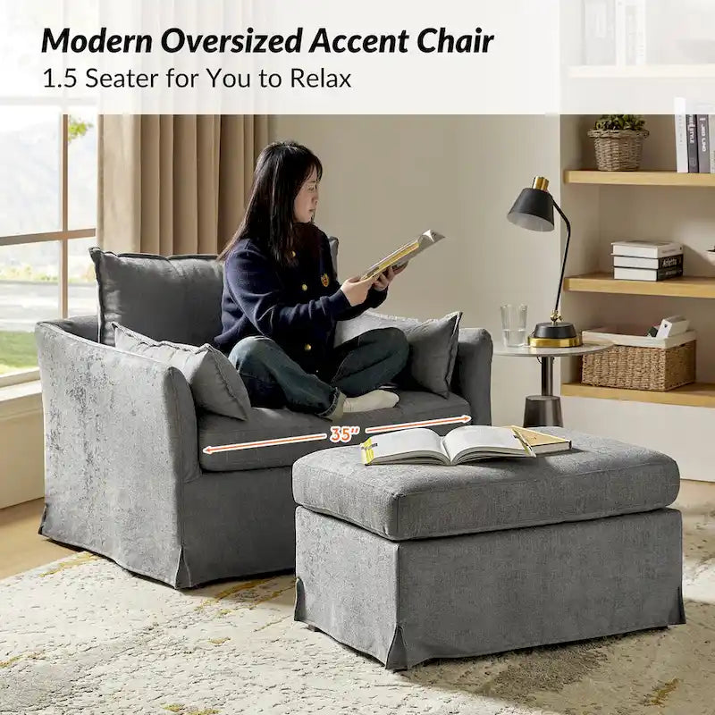 Fauteuil déhoussable surdimensionné Sophie et pouf avec roulettes arrière verrouillables par HULALA HOME