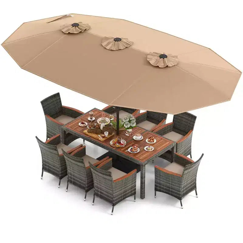 Costway Ensemble de salle à manger d'extérieur en osier 10 pièces avec parasol double face 8 fauteuils Gris/Rouge/Orange/Turquoise/Beige/Café