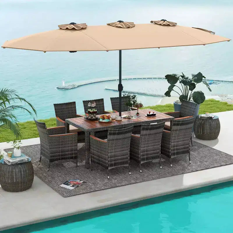 Costway Ensemble de salle à manger d'extérieur en osier 10 pièces avec parasol double face 8 fauteuils Gris/Rouge/Orange/Turquoise/Beige/Café