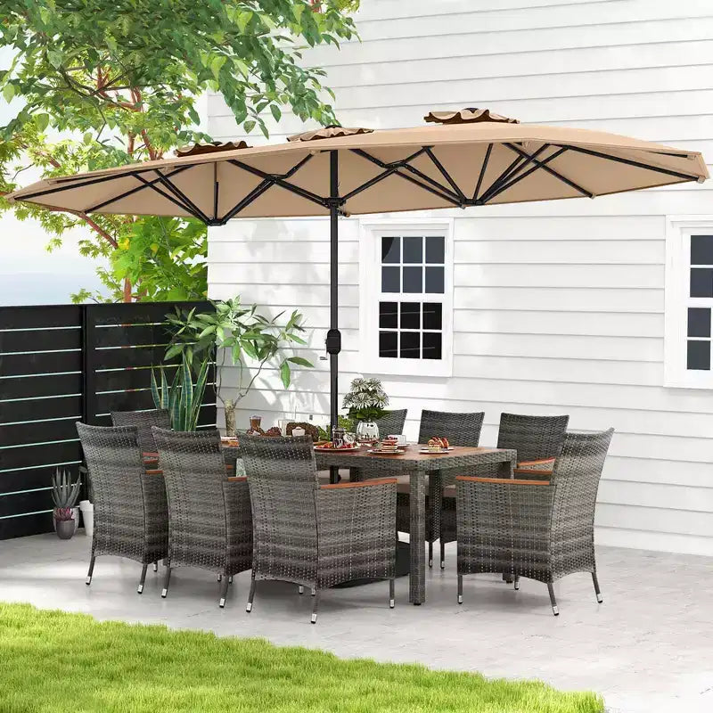 Costway Ensemble de salle à manger d'extérieur en osier 10 pièces avec parasol double face 8 fauteuils Gris/Rouge/Orange/Turquoise/Beige/Café