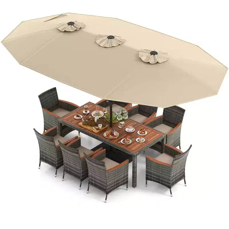 Costway Ensemble de salle à manger d'extérieur en osier 10 pièces avec parasol double face 8 fauteuils Gris/Rouge/Orange/Turquoise/Beige/Café