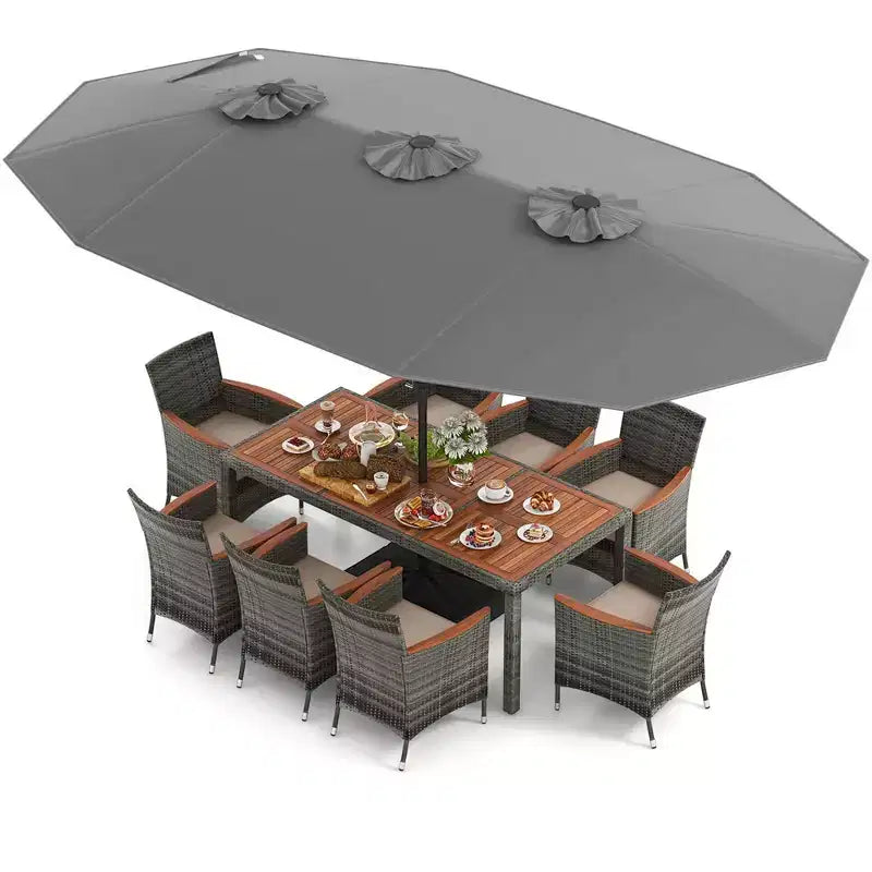 Costway Ensemble de salle à manger d'extérieur en osier 10 pièces avec parasol double face 8 fauteuils Gris/Rouge/Orange/Turquoise/Beige/Café