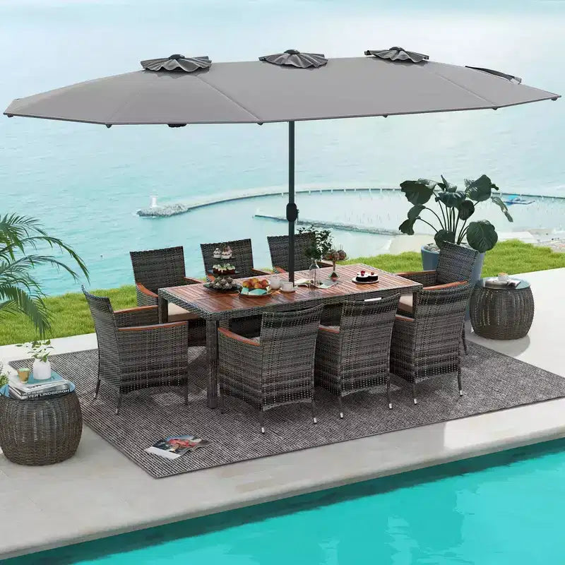 Costway Ensemble de salle à manger d'extérieur en osier 10 pièces avec parasol double face 8 fauteuils Gris/Rouge/Orange/Turquoise/Beige/Café