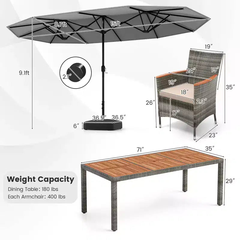 Costway Ensemble de salle à manger d'extérieur en osier 10 pièces avec parasol double face 8 fauteuils Gris/Rouge/Orange/Turquoise/Beige/Café