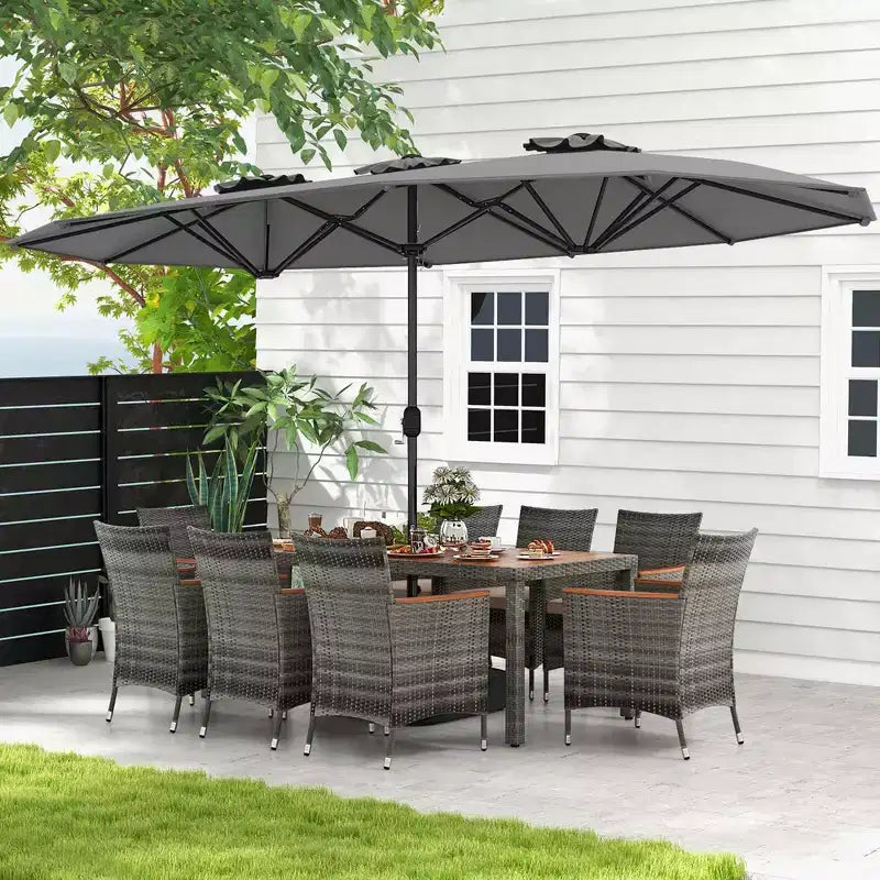 Costway Ensemble de salle à manger d'extérieur en osier 10 pièces avec parasol double face 8 fauteuils Gris/Rouge/Orange/Turquoise/Beige/Café