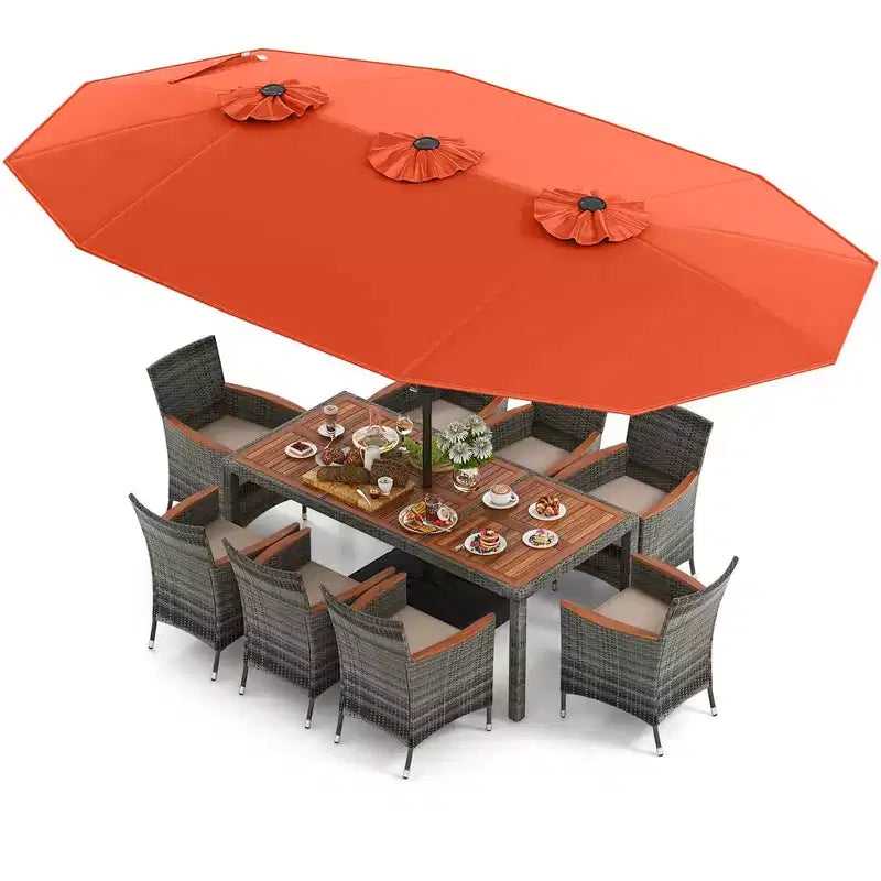 Costway Ensemble de salle à manger d'extérieur en osier 10 pièces avec parasol double face 8 fauteuils Gris/Rouge/Orange/Turquoise/Beige/Café