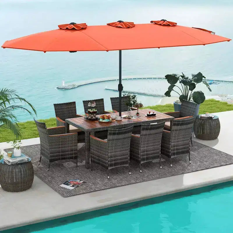 Costway Ensemble de salle à manger d'extérieur en osier 10 pièces avec parasol double face 8 fauteuils Gris/Rouge/Orange/Turquoise/Beige/Café