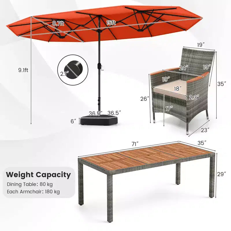 Costway Ensemble de salle à manger d'extérieur en osier 10 pièces avec parasol double face 8 fauteuils Gris/Rouge/Orange/Turquoise/Beige/Café
