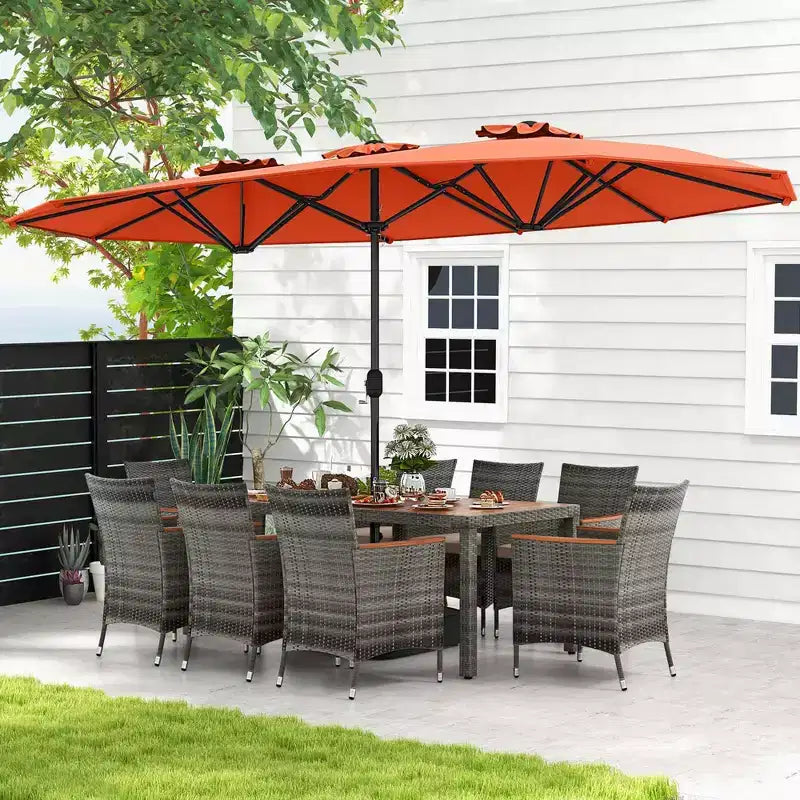 Costway Ensemble de salle à manger d'extérieur en osier 10 pièces avec parasol double face 8 fauteuils Gris/Rouge/Orange/Turquoise/Beige/Café