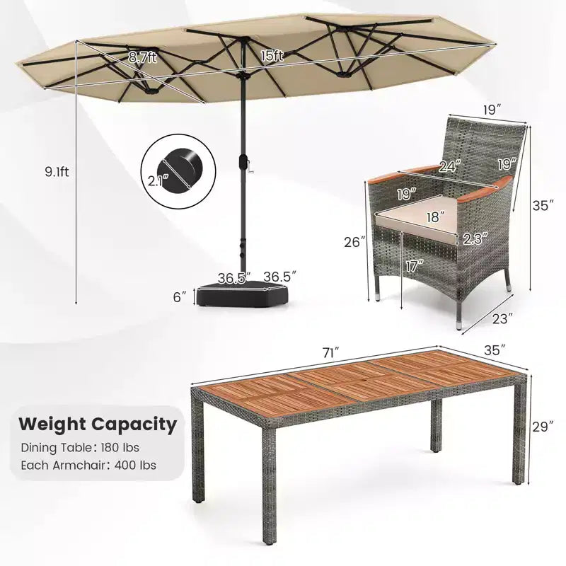 Costway Ensemble de salle à manger d'extérieur en osier 10 pièces avec parasol double face 8 fauteuils Gris/Rouge/Orange/Turquoise/Beige/Café
