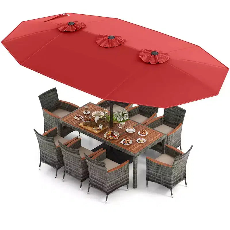 Costway Ensemble de salle à manger d'extérieur en osier 10 pièces avec parasol double face 8 fauteuils Gris/Rouge/Orange/Turquoise/Beige/Café