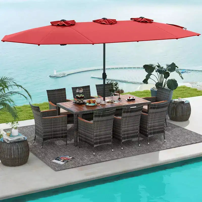 Costway Ensemble de salle à manger d'extérieur en osier 10 pièces avec parasol double face 8 fauteuils Gris/Rouge/Orange/Turquoise/Beige/Café