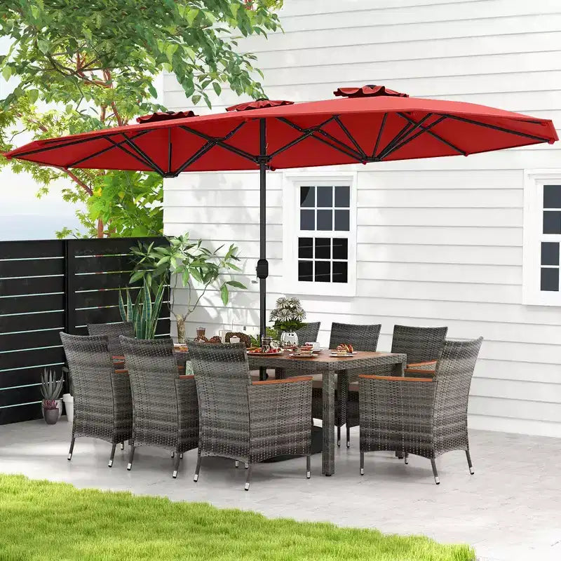 Costway Ensemble de salle à manger d'extérieur en osier 10 pièces avec parasol double face 8 fauteuils Gris/Rouge/Orange/Turquoise/Beige/Café