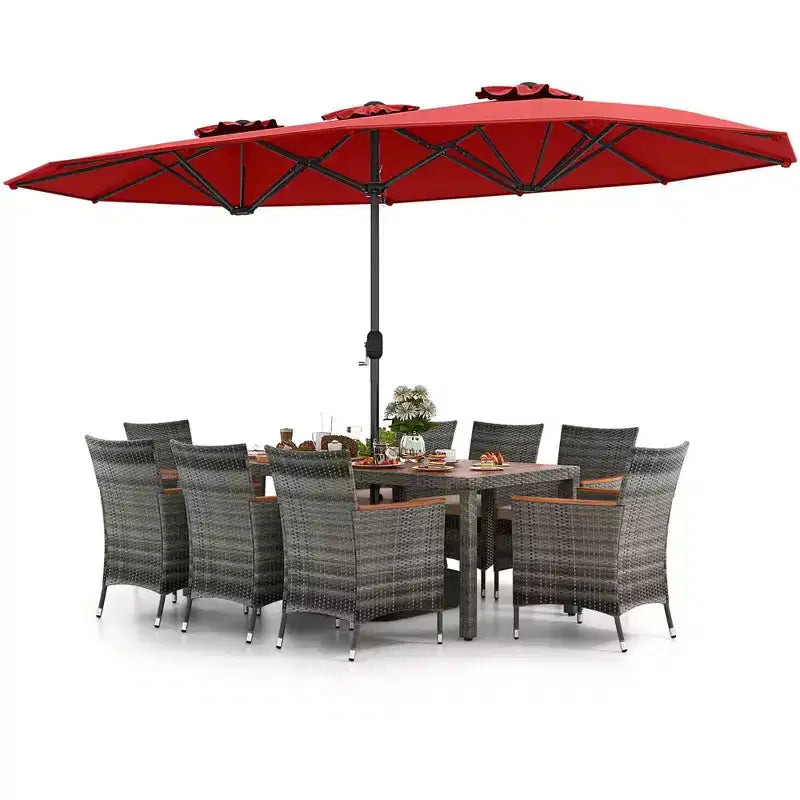 Costway Ensemble de salle à manger d'extérieur en osier 10 pièces avec parasol double face 8 fauteuils Gris/Rouge/Orange/Turquoise/Beige/Café
