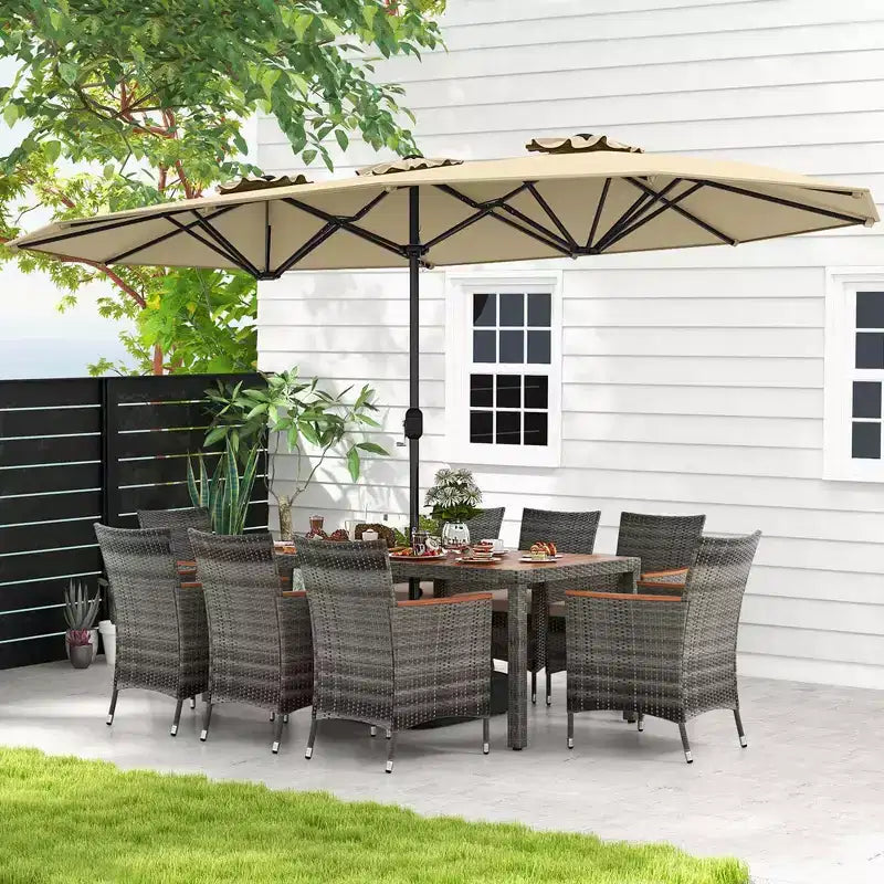 Costway Ensemble de salle à manger d'extérieur en osier 10 pièces avec parasol double face 8 fauteuils Gris/Rouge/Orange/Turquoise/Beige/Café