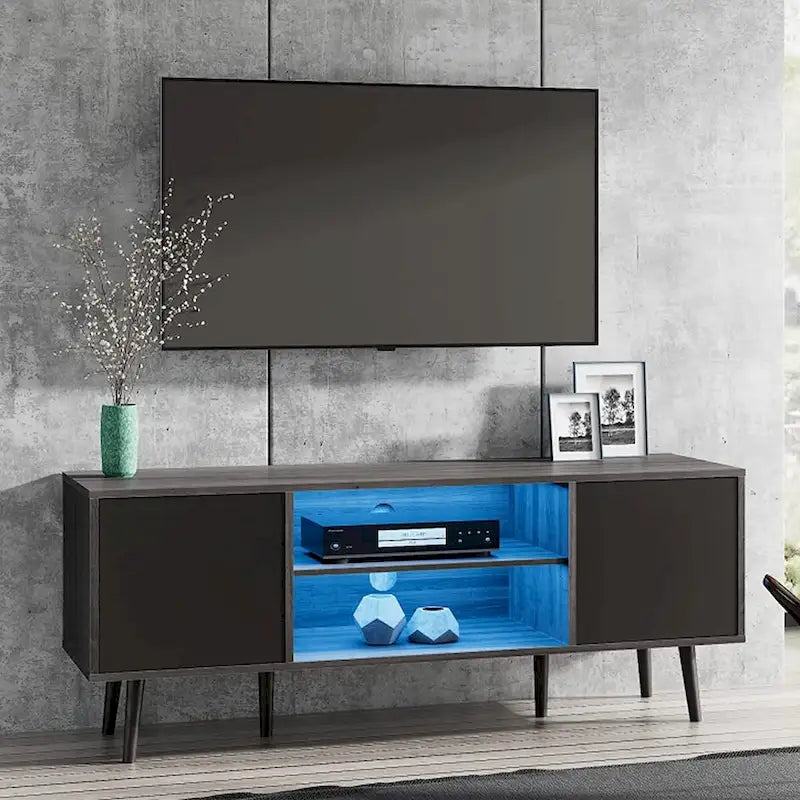 Meuble TV WAMPAT Mid Century Modern 61,6 pouces Noir et Gris