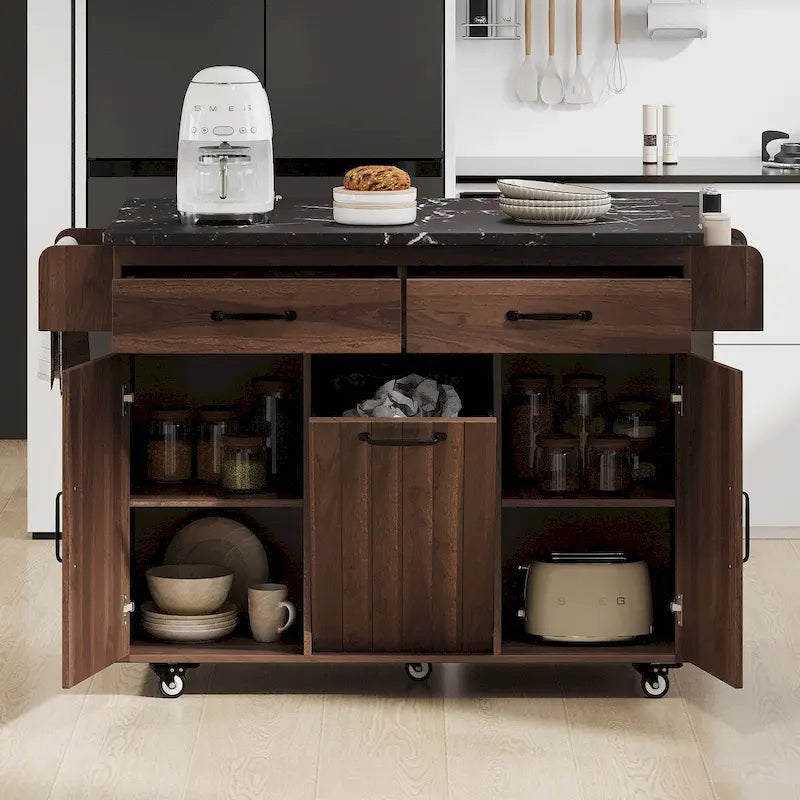 Îlot de cuisine avec meuble de rangement pour poubelle, Chariot de cuisine avec abattant