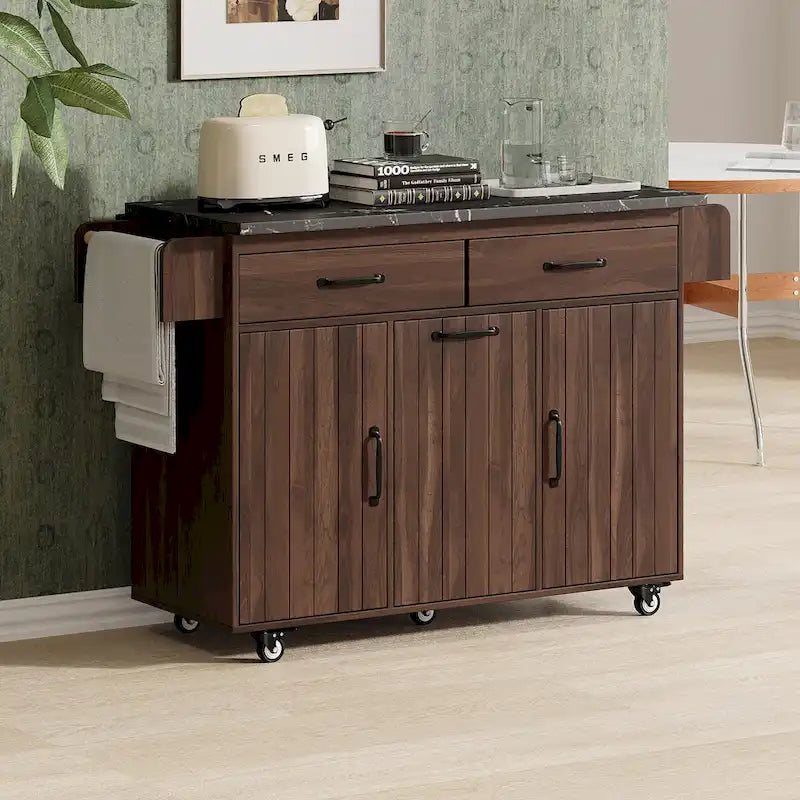 Îlot de cuisine avec meuble de rangement pour poubelle, Chariot de cuisine avec abattant